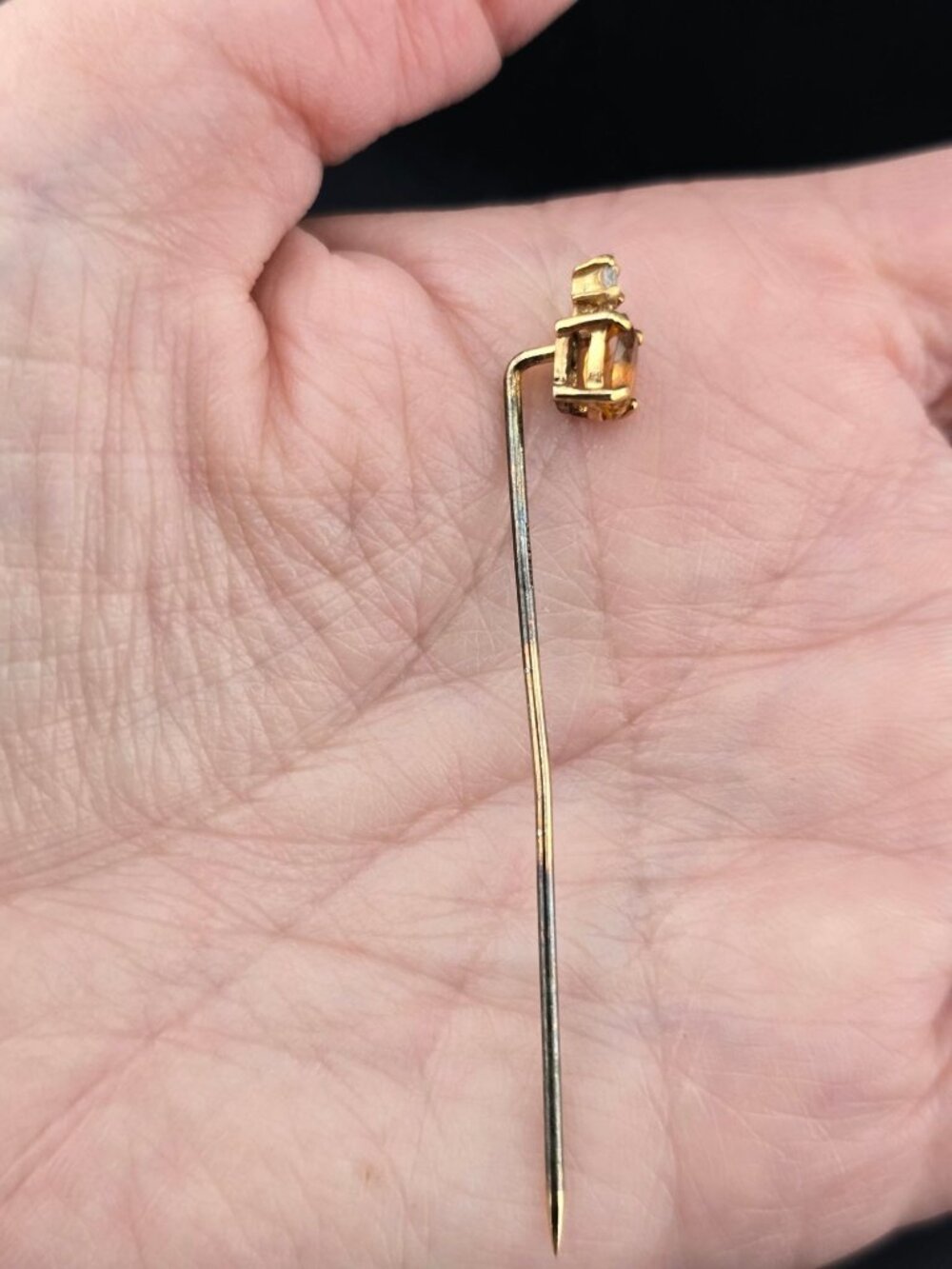 Vintage Sterling Silver Stick Pin With Citrine And Rhinestone 2.25" - Picture 5 of 8